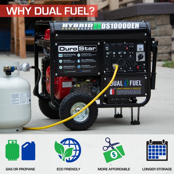 DuroMax DS10000EH  10000 Watt Dual Fuel Portable Generator - Gas or Propane Powered-Electric Start- Home Back Up & RV Ready, 50 State Approved