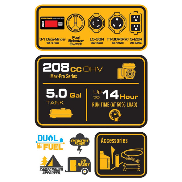 FIRMAN H03652 4550/3650: GAS 4100/3300: LPG Watt Recoil Start Gas or Propane Dual Fuel Generator CARB and cETL Certified