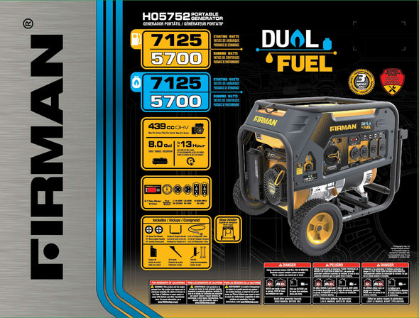 FIRMAN Model: H05752 7100/5700 Watt Dual Fuel Recoil Start Generator, Carb