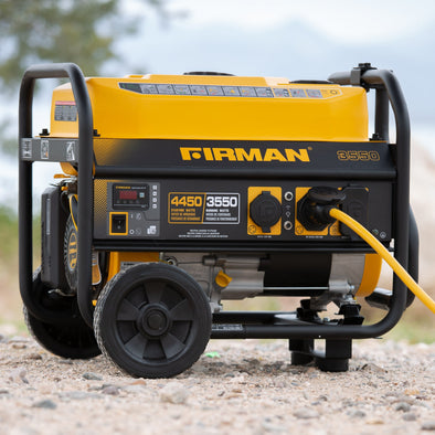 Firman P03501 Open Frame Portable Generator 4450/3550 Watt Recoil Start Gas Portable Generator cETL Certified With Wheel Kit and Cover