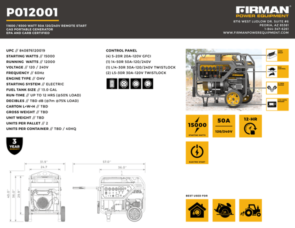 FIRMAN Model: P12001 15000/12000 Watt 50a Electric Start Gas Generator