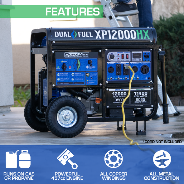 DuroMax XP12000HX 12,000-Watt 460cc Dual Fuel Gas Propane Portable Generator with CO Alert