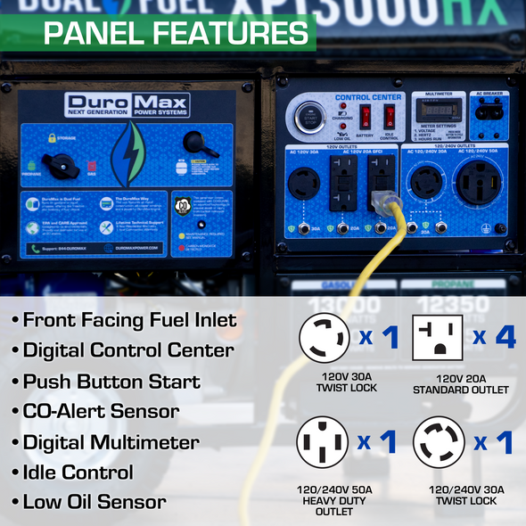 DuroMax XP12000HX 12,000-Watt 460cc Dual Fuel Gas Propane Portable Generator with CO Alert